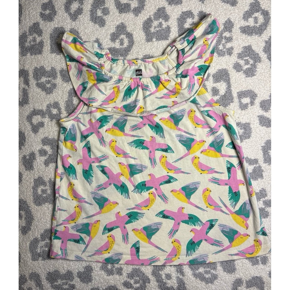 Girls 7 Tea Collection kids ruffle neck top & features a parrot polka print EUC
